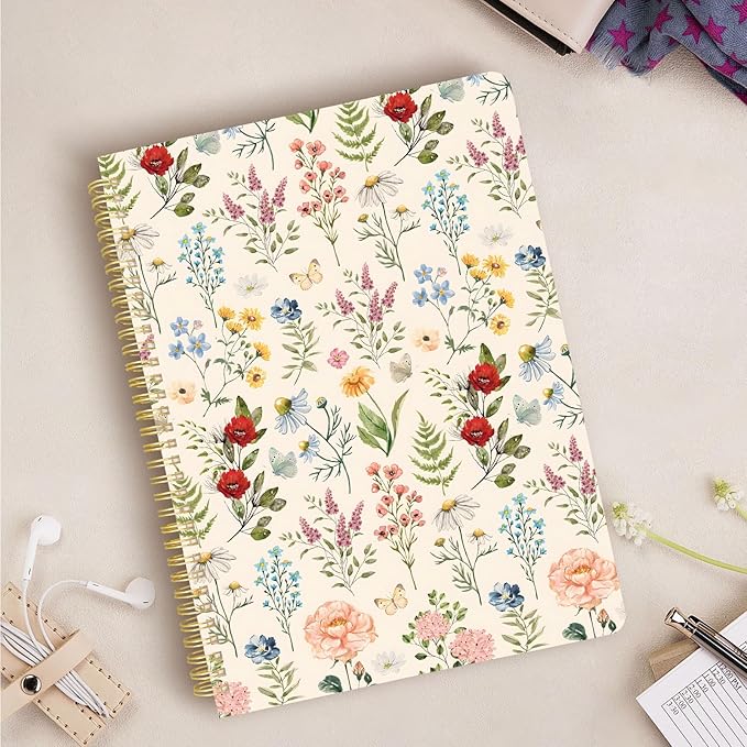 Cute Spiral Notebook journal A4 Aesthetic Pretty Design for Women Girls Kawaii with Pocket, 11.5 x 8.5 inch, Lined, Vintage Flower