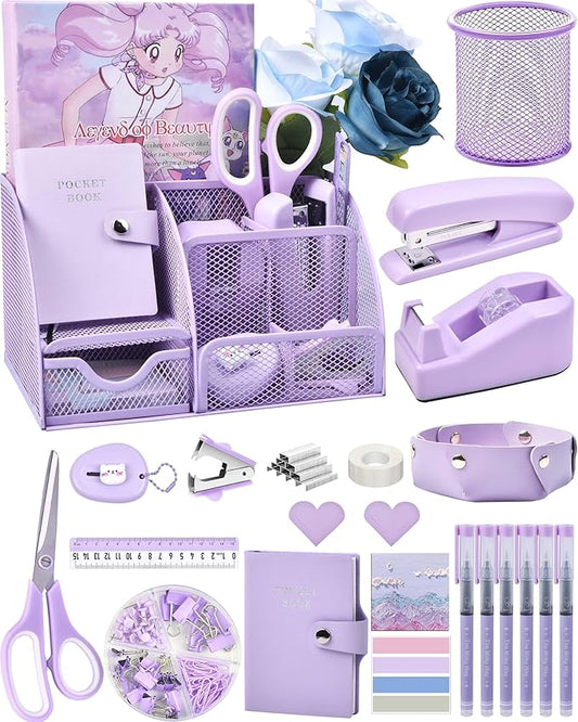 Purple Desk Accessories, 26Pcs Office Supplies and Desk Organizers, with Tape Dispenser, Stapler, Staple Remover Ect, Christmas Gifts