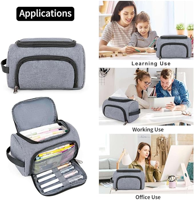 XQXA Large Capacity Pencil Case Organizer, Multifunctional Extra Big Pencil Pouch with Compartmens, Travel Simple Stationery Pen Bag, Fabric Pencil Bag for Men Women Girl Boy (Grey)