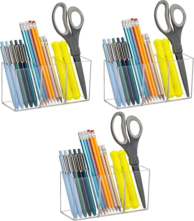 Mind Reader Pen and Accessories Holder, Desktop Organizer, Makeup Organizer, Office, Acrylic, 7" L x 2.5" W x 3.5" H, Set of 3, Clear