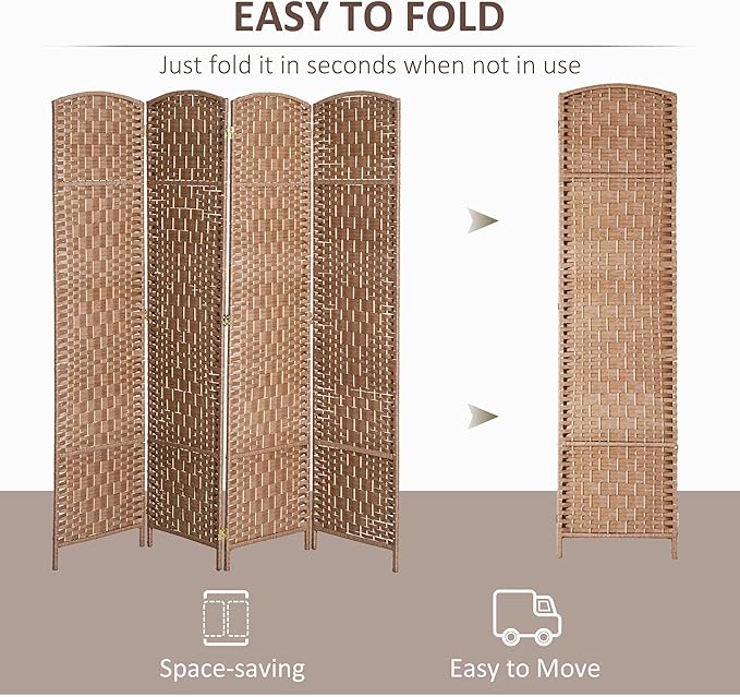 HOMCOM Room Divider 4 Panels Folding Privacy Screen 6FT Tall Portable Wicker Weave Partition Wall Divider for Bedroom Home Office, Natural Wood