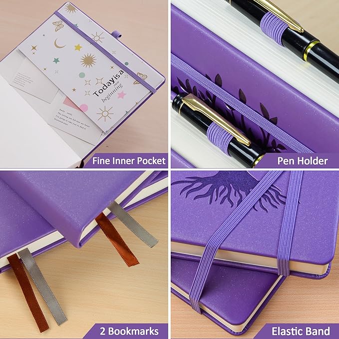 ZXHQ B5 Bullet Dotted Journal Notebook for Women:150gsm Thick Paper, 256 Pages, Dot Grid Hardcover, Tree of Life Design, Fine Inner Pocket - 7.7" × 10" Purple