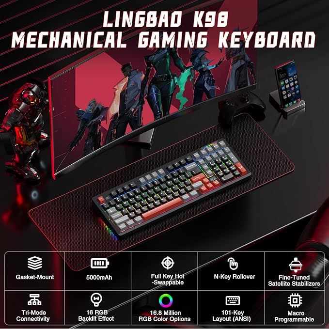 LINGBAO K98 Wireless Mechanical Gaming Keyboard, Tri-Mode BT5.0/2.4GHz/USB-C, Gasket Custom Hot-Swappable Linear Switches Mechanical Keyboards, RGB Backlit Gaming Keyboard for PC Laptop