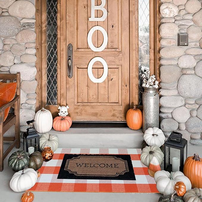 Buffalo Plaid Outdoor Rugs, 2'x4'3'' Orange and White Checkered Indoor/Outdoor Area Rug, Layering Rug for Hello/Welcome Door Mat, Washable Cotton Woven Farmhouse Mat for Fall Front Porch Décor