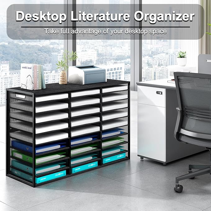 Mail Sorter Adjustable Countertop Heavy Duty Literature Organizer Student Mailbox for Classroom Desktop Bill Paper Holder Rack for Office Home School, 27 Compartments, Black