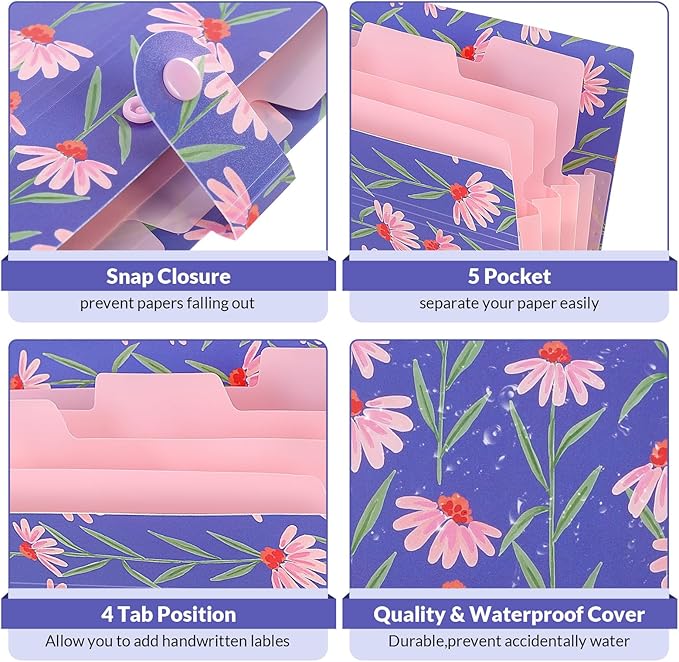 SKYDUE Expanding File Folder with 5 Pockets, Accordion File Organizer,Portable Receipt Paper Documents Organizer,Letter Size Filing Folder School Office Supplies,Periwinkle Blue