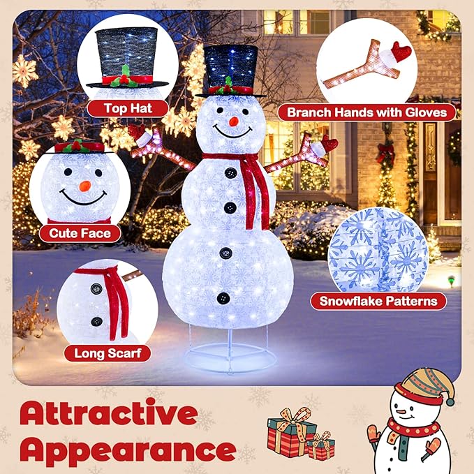 Tangkula 6 FT Pre-Lit Christmas Snowman w/Built-in Lights, Xmas Snowman w/Black Hat, Branch Hands & Snowflake Patterns, Zip Ties & Ground Stakes, Decorative Christmas Snowman for Yard, Garden