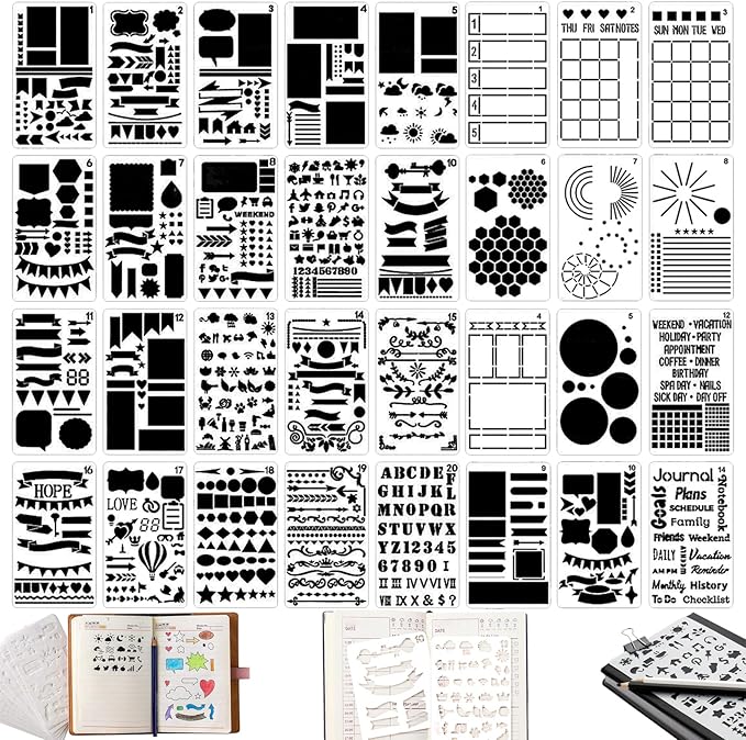 32Pcs Planner Stencils Templates for Calendar, Journal Stencils for Bullet Journaling, Reusable Plastic Handmade Flexible Record Template for DIY Drawing, Notebook & Scrapbook Accessories (4"x7")