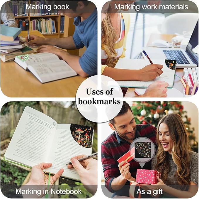 4PC Mushroom Corner Bookmarks, Fun Leather Bookmark Set, Book Accessories for Reading Book Lovers, Cute Page Markers for Women Girls Kids Student Teacher Office Stationery Boho Style