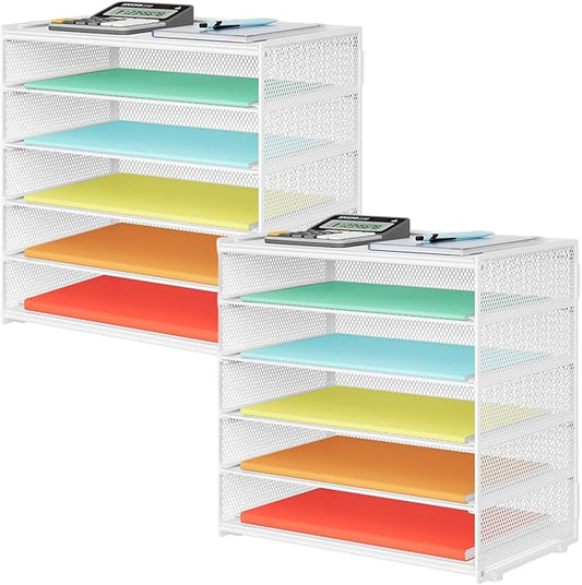 2 Pack 6 Tier Paper Organizer, Metal Mesh Desk File Folder, Letter Tray Organizer, Paper Sorter Desk Organizers for Office, Home or School File Folder Holder - White