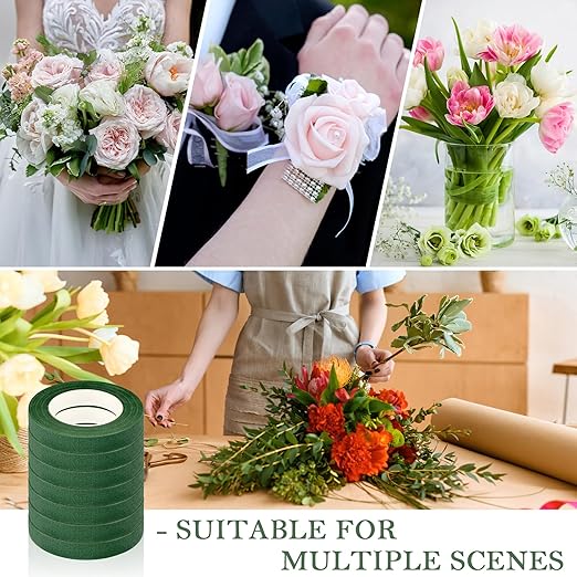 8 Rolls Floral Tape, 1/2" Wide Flower Tape, Dark Green Floral Tape for Fresh Flowers, Adhesive Florist Tape for Floral Crafts, Bouquet Floral Arranging Stem Wrapping, Wedding Bouquet, 30Yard