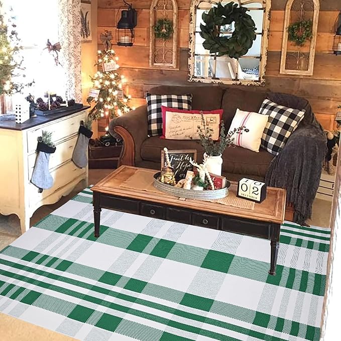 Christmas Door Mat Outdoor 4' x 6' Green and White Plaid Rug Christmas Decor Rug Cotton Hand-Woven Layered Door Mats Washable Carpet for Front Porch, Kitchen, Farmhouse, Entryway