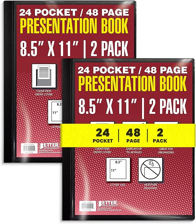 Better Office Products 24 Pocket Bound Presentation Book, Black, Clear View Front Cover, 48 Sheet Protector Pages, 8.5" x 11" Sheets, Art Portfolio, Durable Poly Covers, Letter Size (2 Pack)