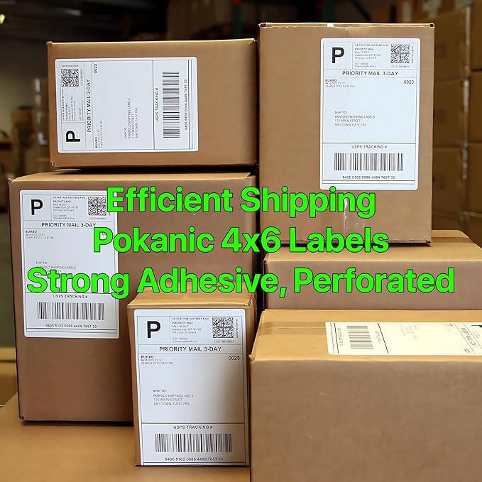 Fanfold 4 x 6 inch Thermal Labels Stack Direct White Strong Adhesive Perforated Postage Shipping Printer Compatible with Zebra SNBC Epson Rollo (6000, Fanfold)