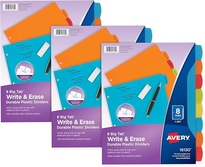 Avery Big Tab Write & Erase Durable Plastic Dividers, 8-Tab Set, Multicolor Brights, 3 Sets (21210)