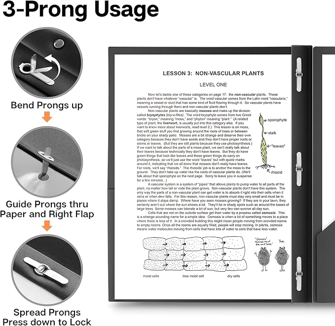 Dunwell Plastic Folders with 3 Prongs, (2 Pack, Black), 2-Pocket Folders with Fasteners, Durable Acid-Free Poly for Long Term Use, Includes Labels