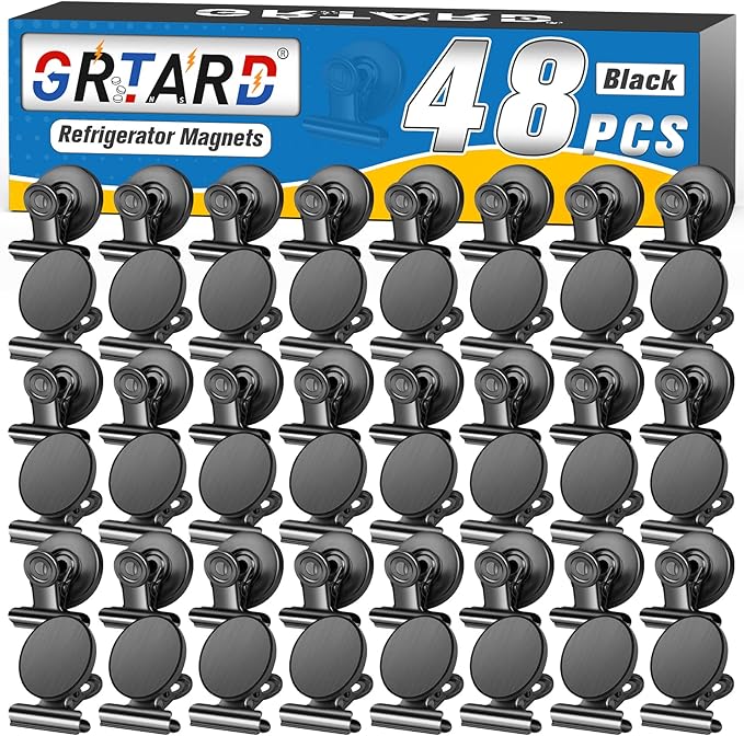 Grtard 48pack Magnetic Clips Heavy Duty, Black Magnet Clips for Fridge, Refrigerator Magnets, Scratch Free Magnets with Clip, Strong Magnetic Clip for Refrigerator, Whiteboard, Locker, Classroom