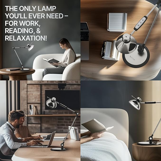 OTUS Desk Lamp for Home Office | Tall LED Architect Desk Light with Gesture Control & Touch | 1500 Lux Eye-Caring Dimmable for Study, Reading, Video Calls | 12 Levels & 3 Colors | Metal Swing Arm Lamp