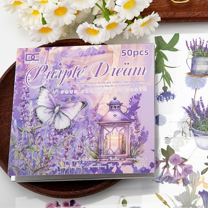 Purple Theme Sticker Scrapbooking Supplies for Junk Journal 50 Sheets, Include 25 PET Stickers and 25 Paper of Scene Material Paper - Vintage Journaling Stickers (TZ-006-006)
