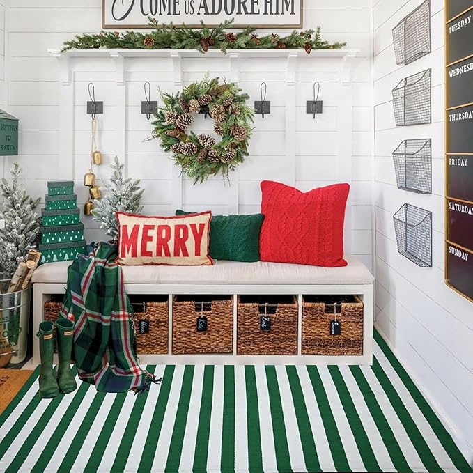 CAINANEL Christmas Outdoor mat 4' x 6' Green and White Striped Outdoor Rug Front Porch Rug,Christmas Home Decor, Layerd Welcome Doormat for Front Porch Decor, Front Door, Farmhouse Decor