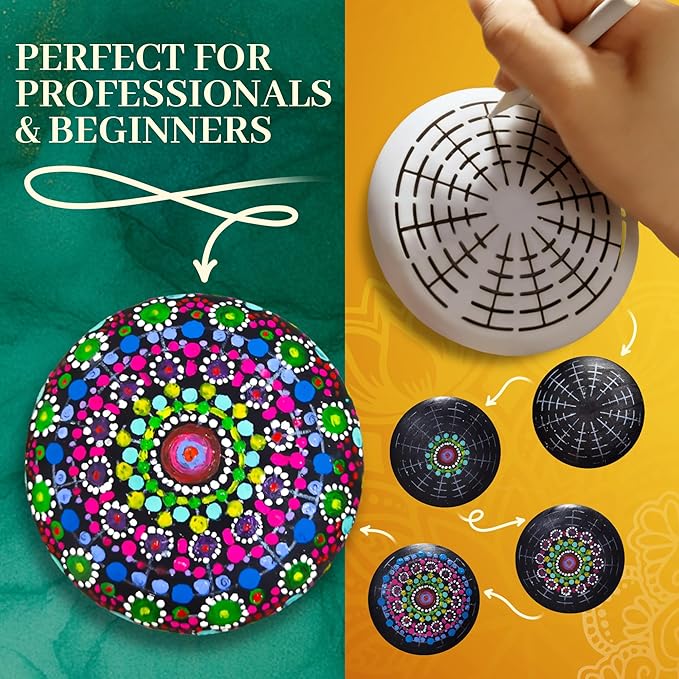 Mandala Rock Painting Kit – Mandala Dotting Tools Set - 5 Large Wooden Rocks + 6 Stencils + Acrylic Paints - Relaxing Arts and Crafts for Adults Women - DIY Hobbies Art and Projects Dot Art Kit