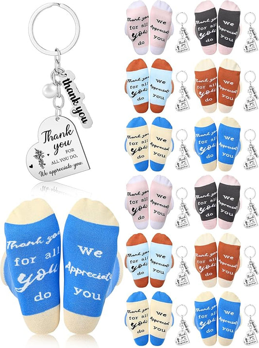24 Pcs Employee Appreciation Gifts Thank You for All You Do Socks Stainless Steel Keychains for Staff Coworker Team