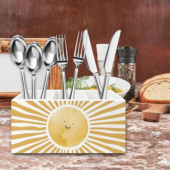 Boho Yellow Sunshine Pen Pencil Holder Organizer for Desk, Cute Smile Groovy Sun Sunshine Wooden Box Signs Decorations for Kids Room Home Classroom Desk Tabletop