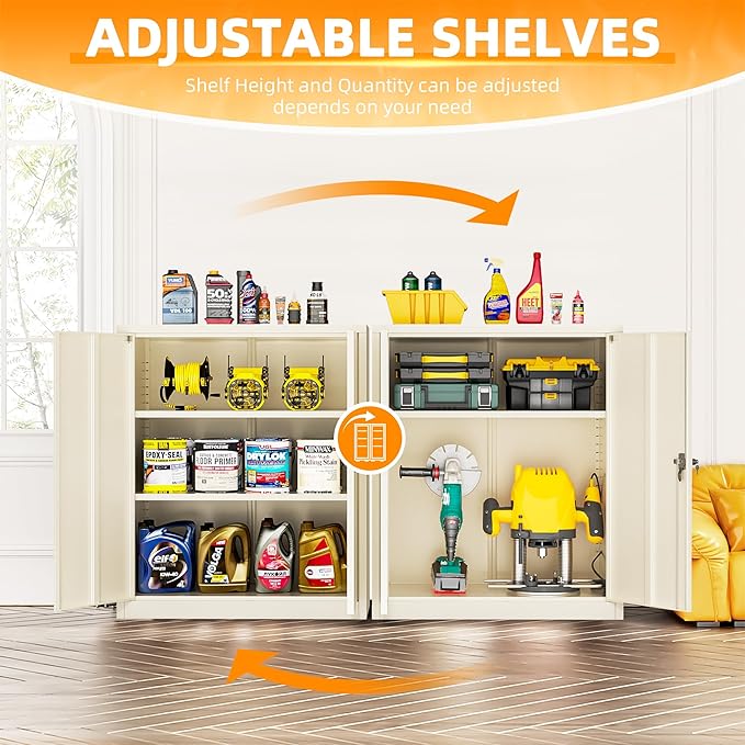 INTERGREAT Metal Cabinet with Lock, Lockable Metal Storage Cabinets with Doors and Shelves for Garage, Cream Grey Locking Garage Storage Cabinets 36"×32"×16"