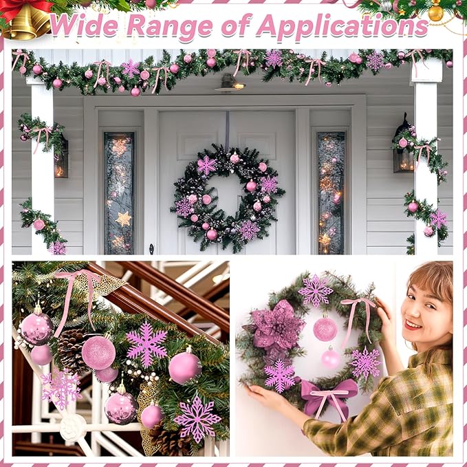 86Pcs Led Light Pink Christmas Tree Decorations Set 100 Led Light Christmas Star Trees Topper with String Lights Xmas Balls Snowflakes Ornaments Bows Xmas Trees Decor 20m Light String