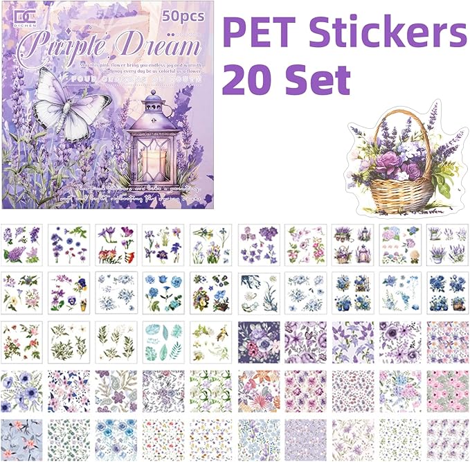 Purple Theme Sticker Scrapbooking Supplies for Junk Journal 50 Sheets, Include 25 PET Stickers and 25 Paper of Scene Material Paper - Vintage Journaling Stickers (TZ-006-006)