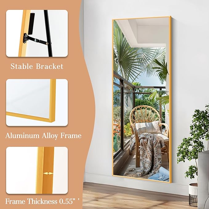 Arched Full Length Mirror, 57" x 20" Floor Mirror with Stand – Shatterproof Tempered Glass, Modern Aluminum Frame, Multi-Mount for Bedroom, Living Room, Gym, Gold