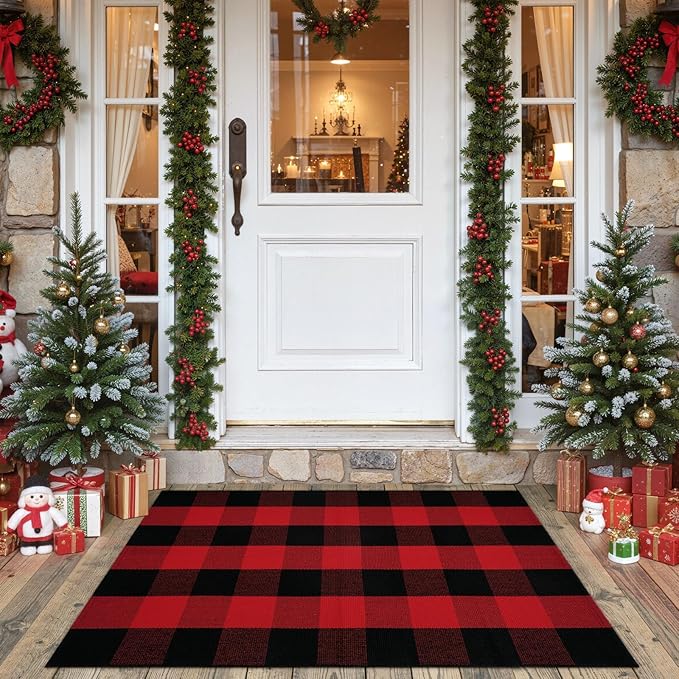 OJIA Christmas Plaid Rug 27.5"x43" Front Door Mats Outdoor, Woven Washable Front Porch Rug Outdoor Door Mat Holiday Welcome Mats Indoor Layered Doormats for Entryway, Home Entrance Decor