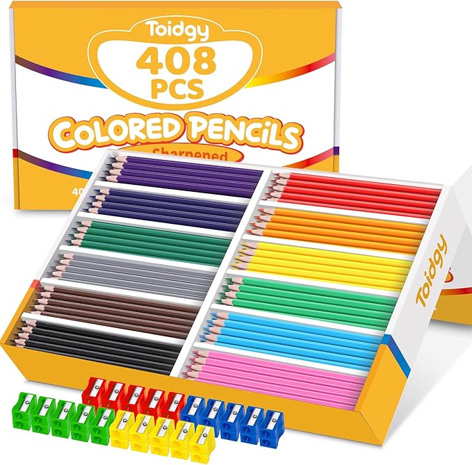 408 Packs Colored Pencils Bulk Classroom, Colored Pencils for Kids 12 Assorted Colors, Coloring Pencil Set Plus 40 Sharpeners, Pre-sharpened Color Pencil, Back to School Supplies Bulk for Teachers
