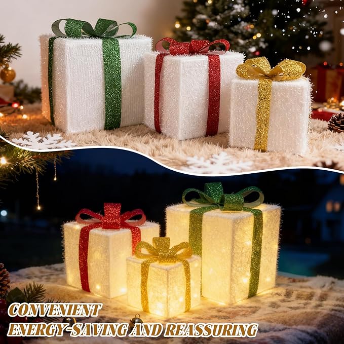 Set of 3 Christmas Lighted Gift Boxes, Large Gift Boxes for Christmas Decorations Outdoor, 50 LED Xmas Box Decorations, Plug-in Warm White Present Box for Indoor/Outdoor, Xmas Tree, Home