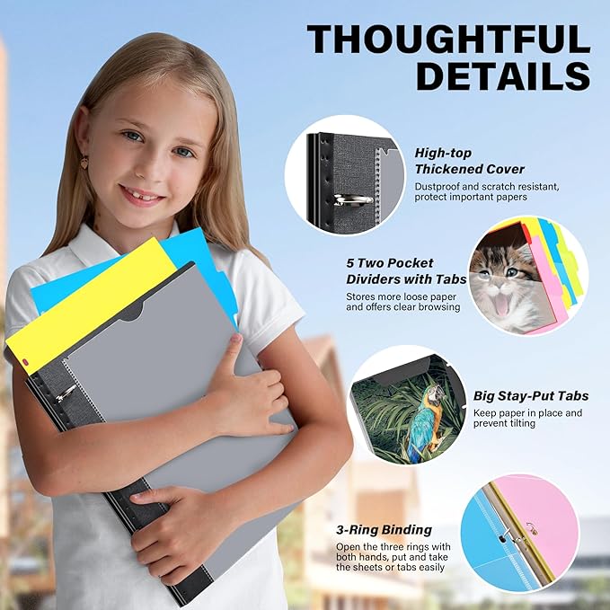 WOT I Telescoping Project Organizer, Refillable Binder with Dividers and Pockets, 13 Pocket Folders, 1 Inch 3 Ring Binder, Black