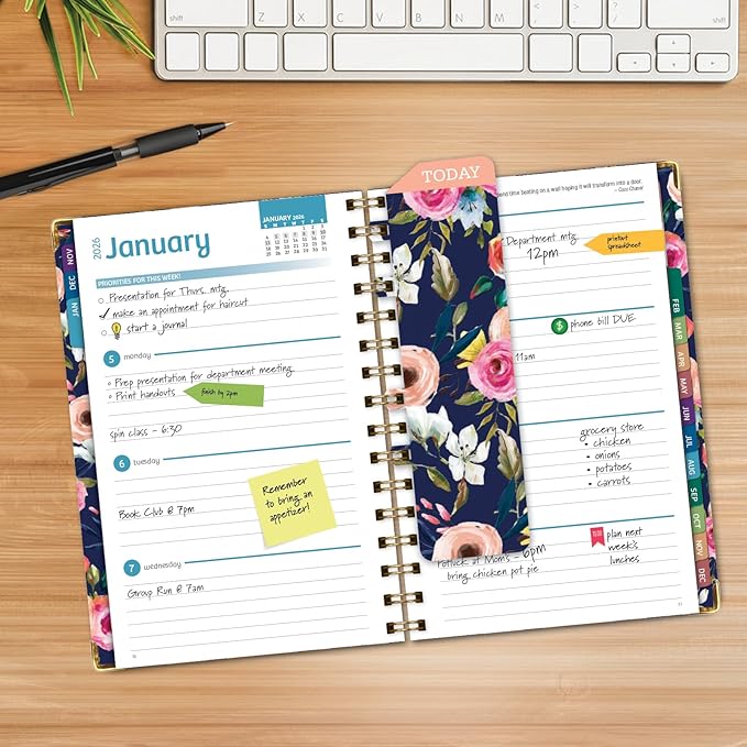 HARDCOVER 2026 Planner, 5.5"x8": 14 Months (November 2025 - December 2026), Daily Weekly Monthly Planner, Yearly Agenda, Bookmark, Pocket Folder and Sticky Note Set (Small Navy Floral)