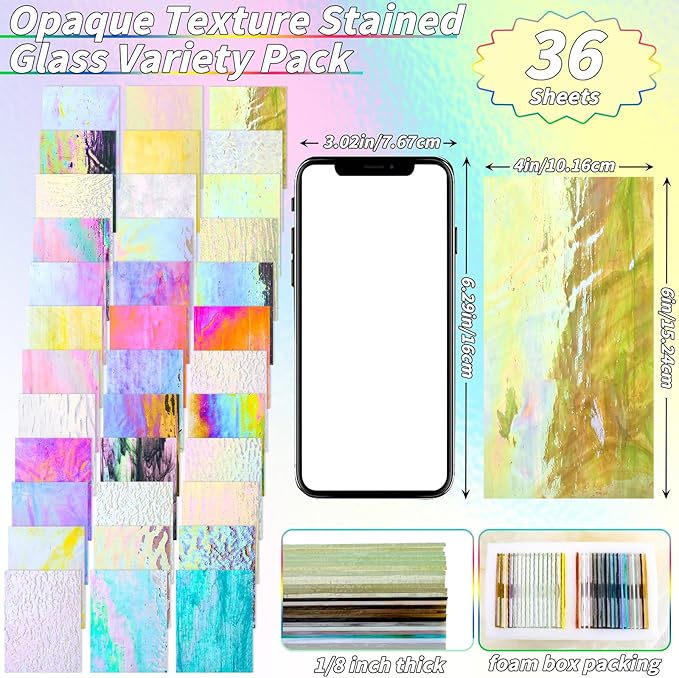 36 Sheets Iridescent Stained Glass Sheet Variety Pack, 4 X 6 inch Cathedral Art Glasses for Home Decor, Stained Glass Supplies for Glass Projects and Mosaic Crafts