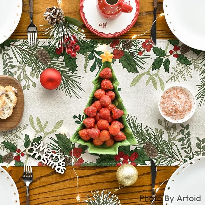 Artoid Mode Holly Pine Cone Christmas Table Runner, Seasonal Winter Kitchen Dining Table Decoration for Home Party Decor 13x36 Inch