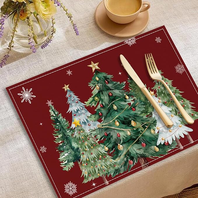 Christmas Placemats Set of 6 Xmas Trees Snowflakes Winter Placemats Snowflake Winter Seasonal Table Mats for Holiday Party Kitchen Dining Holiday Decoration