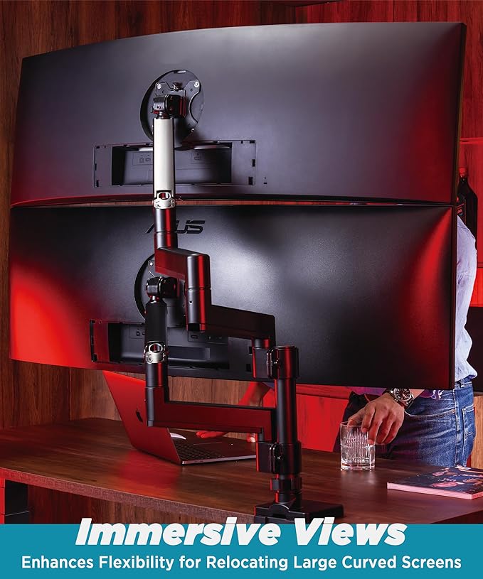 Heavy Duty Monitor Arm for Ultrawide Monitors up to 57" and 44 lbs, Single Desk Stand, Pneumatic Height Adjustable, Modular Extension Arms - Max VESA 100x100, Black, MA20P-S