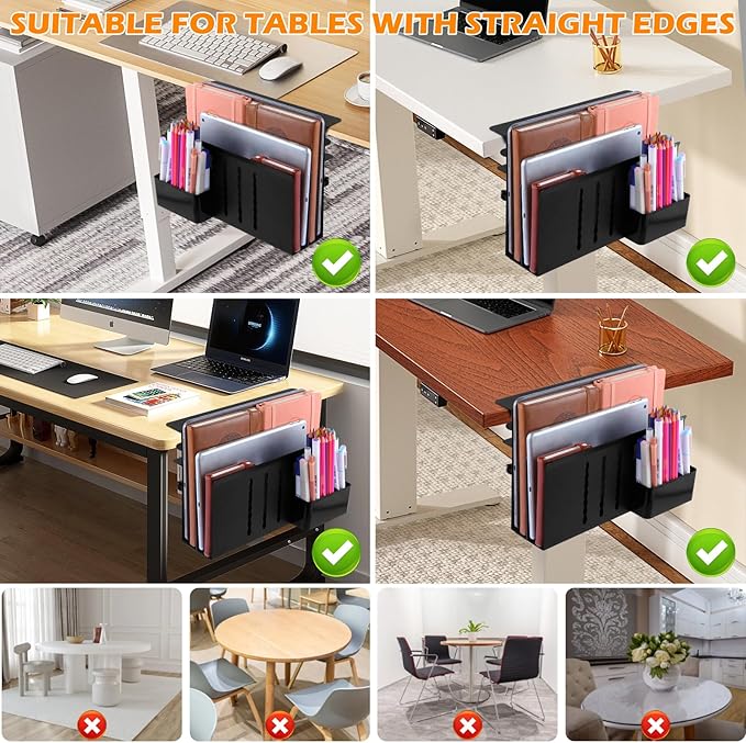 Desk Side Storage, 2 Tier Steel Hanging Organizer, No Drill Side Desk Organizer, Laptop Holder, with Pen Holder, For Office Supplies & Studio Essentials Black