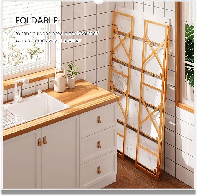 4NM Extra Wide 5 Tiers No Assembly Book Shelves, 51.2" H Folding Bookshelf Bookcase Open Industrial Foldable Shelves for Bedroom, Living Room, Home Office - White Gold