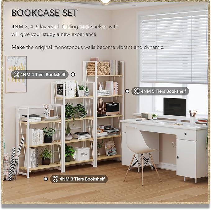 4NM No Assembly Folding Bookshelf Storage Shelves 3 Tiers Vintage Bookcase Standing Racks Study Organizer Home Office (Natural White)