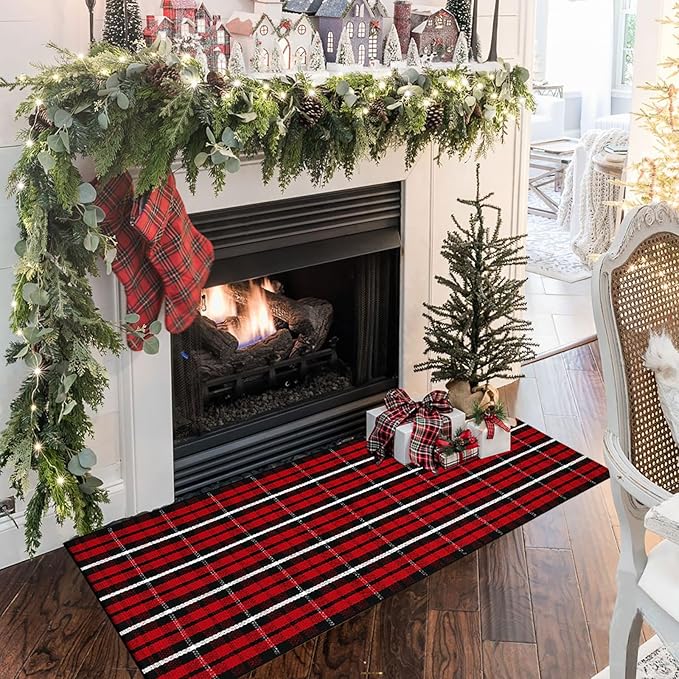 Buffalo Plaid Outdoor Rug Christmas Door Mat Christmas Decor Welcome Rug Cotton Hand-Woven Layered Door Mats for Front Porch, Kitchen, Farmhouse, Entryway (24"x51", Red/Black/White)