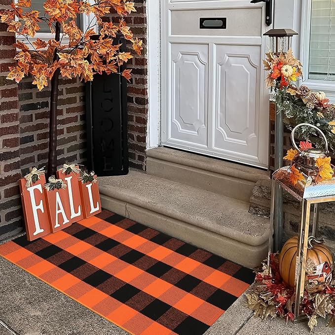 KIMODE Fall Outdoor Rug Buffalo Plaid Orange and Black 24"x51",Washable Cotton Fall Halloween Door Mat,Reversible Checkered Layering Rugs for Entryway,Halloween Front Porch Decor