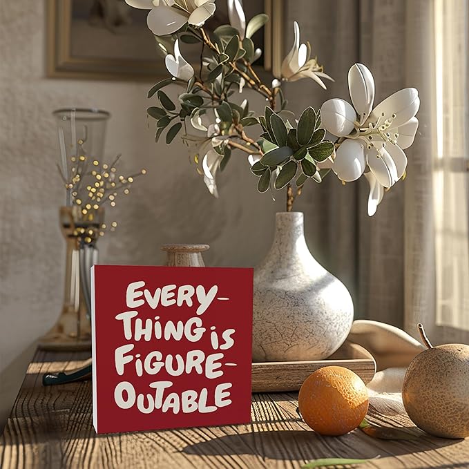 Inspirational Red Office Decor, Every Thing is Figure Outable Motivational Office Accessories Wooden Box Sign, Inspirational Gifts for Women, Men Wall Desk Shelf Tabletop Decoration 5x5In
