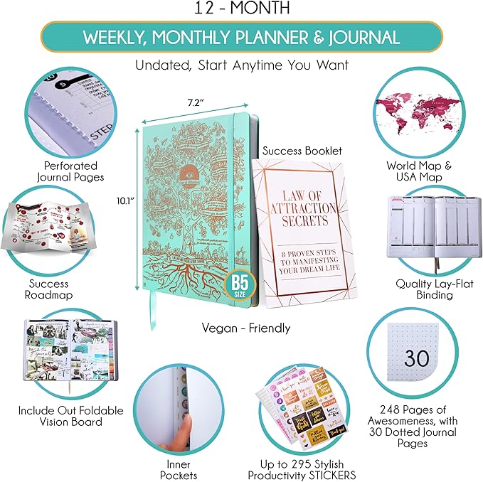 Law of Attraction Planner – Undated Hourly, Weekly & Monthly Goal Setting Planner, 12-Month to Increase Productivity | Life & Gratitude Journal, Include Foldable Vision Board, Gift Box & Stickers