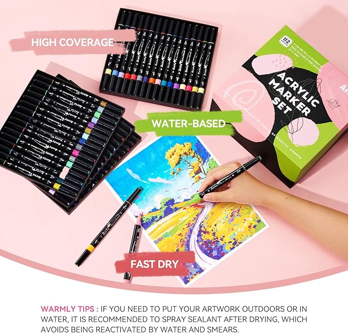Arrtx Paint Markers Paint Pens, 112 Colors Acrylic Paint Pens Dual-Tip for Rock Painting, Ceramic, Wood, Plastic, Scrapbooking, Brush Lettering, Card Making, DIY Crafts (Fine Tip and Brush Tip)