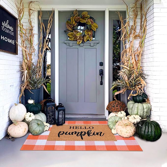 Orange and White Plaid Rug, 28'' x 43'' Fall Front Door Decor Mat, Cotton Washable Hand-Woven Door mat for Layered Doormat, Autumn Halloween Thanksgiving Carpet for Porch, Entryway