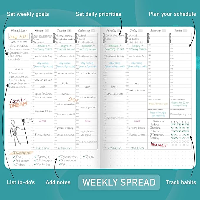 GoGirl Weekly Schedule Planner – Hourly Work & Life Planner with Time Slots – Vertical Agenda Organizer for Daily Productivity, A5 (Turquoise)